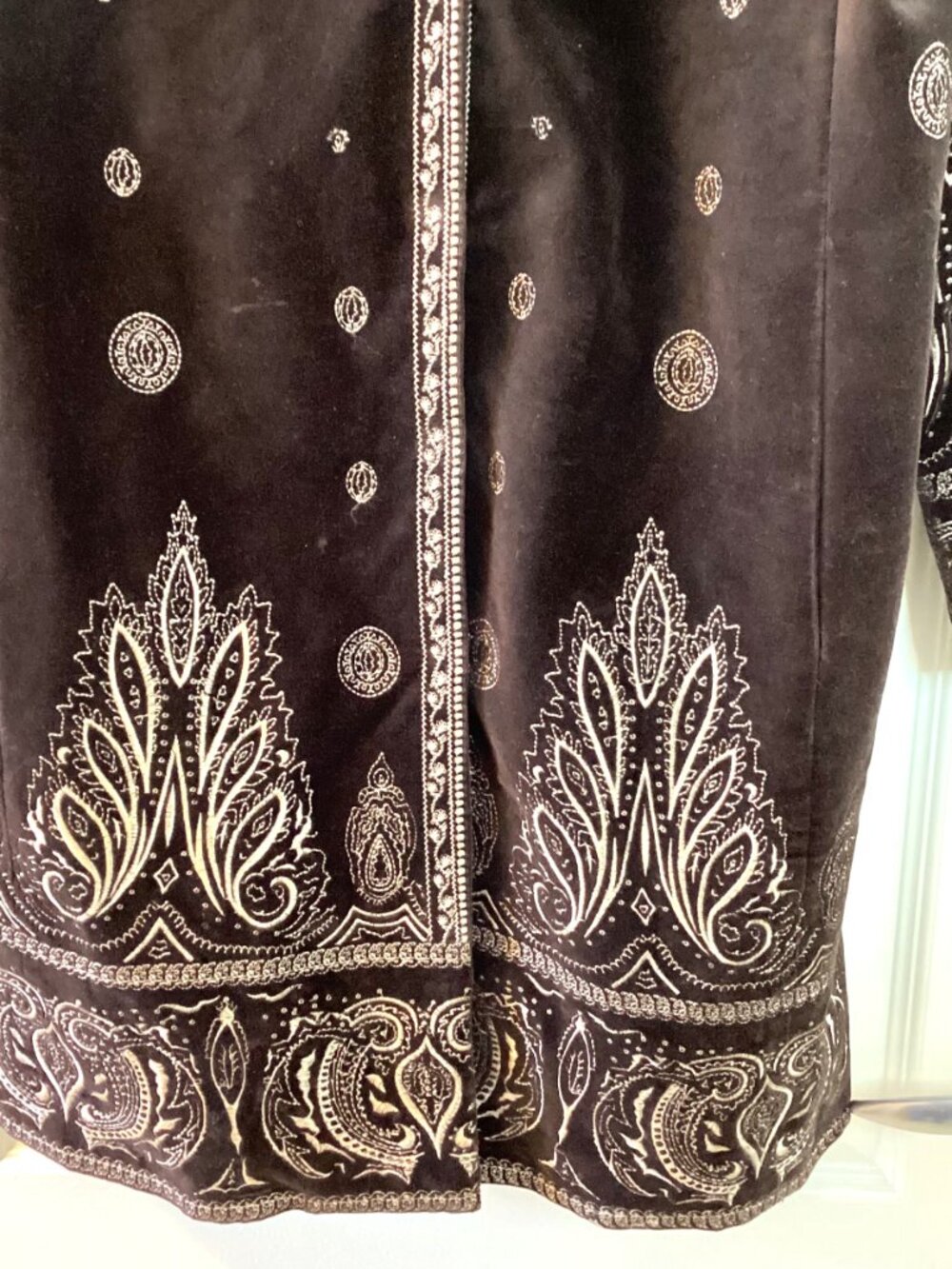Nygard Collection Woman's Long Boho Embroidered Velvet Coat Chocolate Brown - Picture 4 of 9